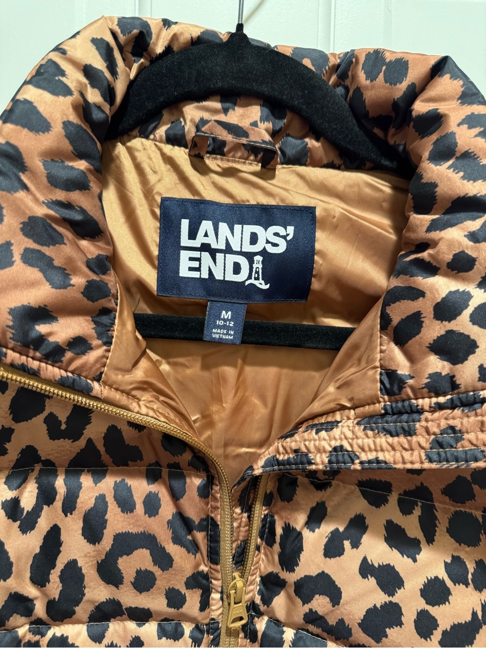 Lands' End Women’s Leopard Print Puffer Vest - Brown/Black - Picture 2 of 5